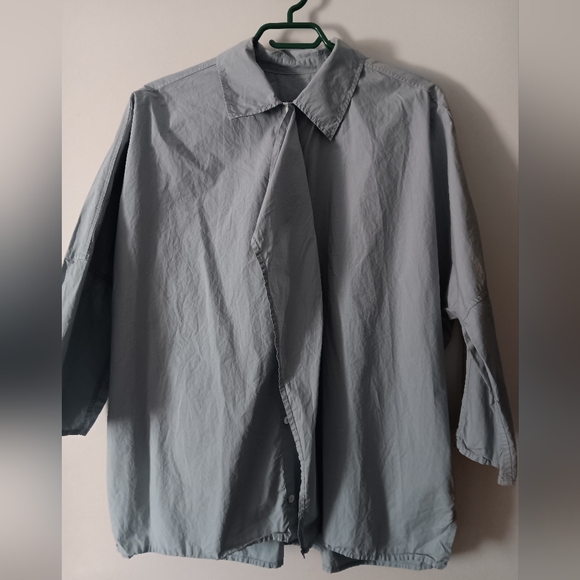 OSKA Blue Cotton Drape Front Button Up Shirt II L / XL - Picture 2 of 6